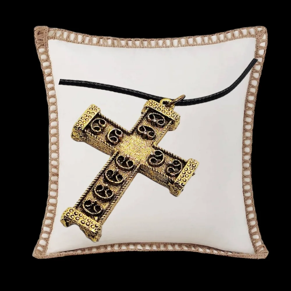 Gold Plated Cross with a Beautiful Embossed Design and Black Leather Necklace